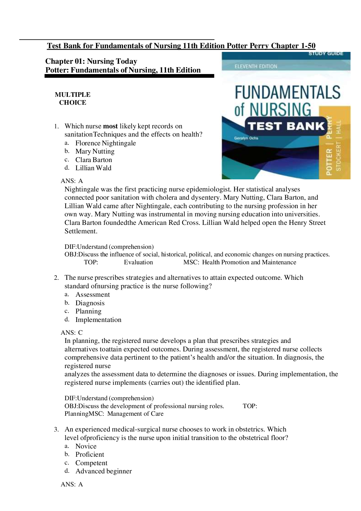 Preview of Test Bank For Fundamentals of Nursing 11th Edition Potter Perry Chapter 1-50 | Complete Gu
